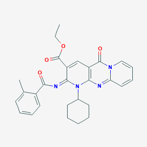 molecular formula C28H28N4O4 B3002119 (Z)-ethyl 1-cyclohexyl-2-((2-methylbenzoyl)imino)-5-oxo-2,5-dihydro-1H-dipyrido[1,2-a:2',3'-d]pyrimidine-3-carboxylate CAS No. 443097-10-7