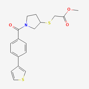 molecular formula C18H19NO3S2 B3002146 Methyl 2-((1-(4-(thiophen-3-yl)benzoyl)pyrrolidin-3-yl)thio)acetate CAS No. 2034407-44-6