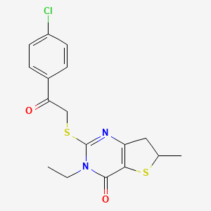molecular formula C17H17ClN2O2S2 B3002250 2-((2-(4-chlorophenyl)-2-oxoethyl)thio)-3-ethyl-6-methyl-6,7-dihydrothieno[3,2-d]pyrimidin-4(3H)-one CAS No. 851409-87-5