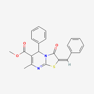 molecular formula C22H18N2O3S B3002285 (E)-methyl 2-benzylidene-7-methyl-3-oxo-5-phenyl-3,5-dihydro-2H-thiazolo[3,2-a]pyrimidine-6-carboxylate CAS No. 211929-28-1