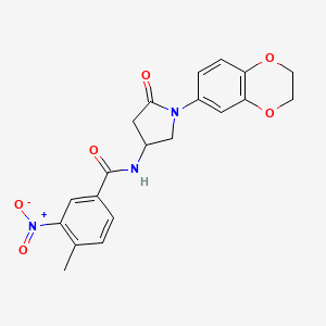 molecular formula C20H19N3O6 B3002385 N-(1-(2,3-dihydrobenzo[b][1,4]dioxin-6-yl)-5-oxopyrrolidin-3-yl)-4-methyl-3-nitrobenzamide CAS No. 898408-45-2