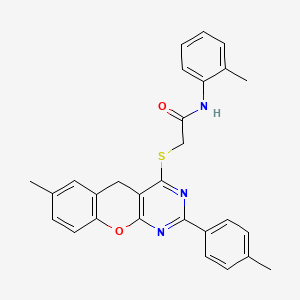 molecular formula C28H25N3O2S B3002437 2-((7-methyl-2-(p-tolyl)-5H-chromeno[2,3-d]pyrimidin-4-yl)thio)-N-(o-tolyl)acetamide CAS No. 872207-67-5