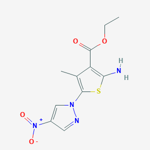 molecular formula C11H12N4O4S B3002525 ethyl 2-amino-4-methyl-5-(4-nitro-1H-pyrazol-1-yl)thiophene-3-carboxylate CAS No. 1005613-82-0