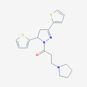 molecular formula C18H21N3OS2 B3002569 1-(3,5-di(thiophen-2-yl)-4,5-dihydro-1H-pyrazol-1-yl)-3-(pyrrolidin-1-yl)propan-1-one CAS No. 871307-97-0
