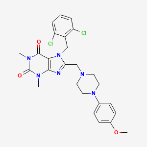 molecular formula C26H28Cl2N6O3 B3002598 7-(2,6-dichlorobenzyl)-8-((4-(4-methoxyphenyl)piperazin-1-yl)methyl)-1,3-dimethyl-1H-purine-2,6(3H,7H)-dione CAS No. 868146-63-8