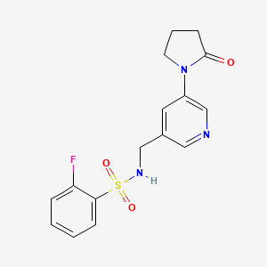 molecular formula C16H16FN3O3S B3002619 2-fluoro-N-((5-(2-oxopyrrolidin-1-yl)pyridin-3-yl)methyl)benzenesulfonamide CAS No. 2034338-89-9