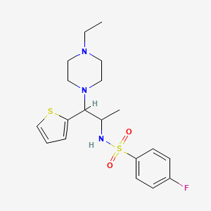 molecular formula C19H26FN3O2S2 B3002674 N-(1-(4-ethylpiperazin-1-yl)-1-(thiophen-2-yl)propan-2-yl)-4-fluorobenzenesulfonamide CAS No. 847381-16-2