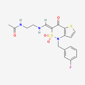 molecular formula C18H18FN3O4S2 B3002755 (Z)-N-(2-(((1-(3-fluorobenzyl)-2,2-dioxido-4-oxo-1H-thieno[3,2-c][1,2]thiazin-3(4H)-ylidene)methyl)amino)ethyl)acetamide CAS No. 894688-22-3