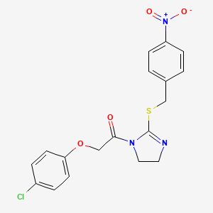 molecular formula C18H16ClN3O4S B3002840 2-(4-Chlorophenoxy)-1-[2-[(4-nitrophenyl)methylsulfanyl]-4,5-dihydroimidazol-1-yl]ethanone CAS No. 892456-03-0