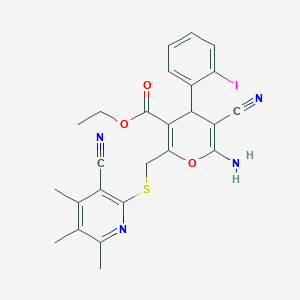 molecular formula C25H23IN4O3S B3002874 ethyl 6-amino-5-cyano-2-{[(3-cyano-4,5,6-trimethylpyridin-2-yl)sulfanyl]methyl}-4-(2-iodophenyl)-4H-pyran-3-carboxylate CAS No. 330180-52-4