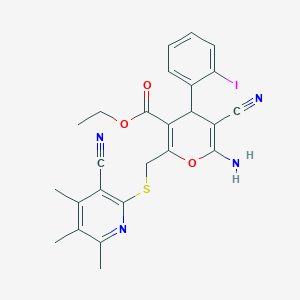 molecular formula C25H23IN4O3S B3002874 6-氨基-5-氰基-2-({[(3-氰基-4,5,6-三甲基吡啶-2-基)硫代]甲基}-4-(2-碘苯基)-4H-吡喃-3-甲酸乙酯 CAS No. 330180-52-4