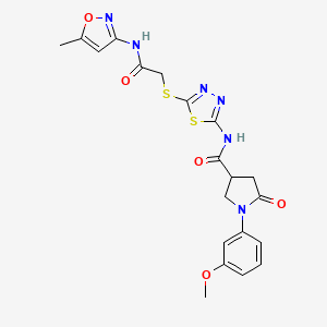 molecular formula C20H20N6O5S2 B3002877 1-(3-methoxyphenyl)-N-(5-((2-((5-methylisoxazol-3-yl)amino)-2-oxoethyl)thio)-1,3,4-thiadiazol-2-yl)-5-oxopyrrolidine-3-carboxamide CAS No. 872595-29-4