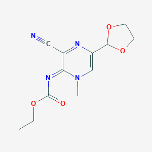 molecular formula C12H14N4O4 B300290 ethyl 3-cyano-5-(1,3-dioxolan-2-yl)-1-methyl-2(1H)-pyrazinylidenecarbamate 