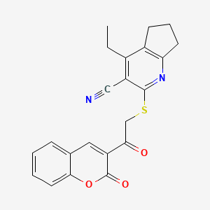 molecular formula C22H18N2O3S B3002998 4-ethyl-2-[2-oxo-2-(2-oxochromen-3-yl)ethyl]sulfanyl-6,7-dihydro-5H-cyclopenta[b]pyridine-3-carbonitrile CAS No. 213203-95-3