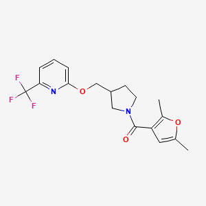 molecular formula C18H19F3N2O3 B3003004 (2,5-Dimethylfuran-3-yl)-[3-[[6-(trifluoromethyl)pyridin-2-yl]oxymethyl]pyrrolidin-1-yl]methanone CAS No. 2415623-64-0