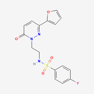 molecular formula C16H14FN3O4S B3003129 4-fluoro-N-(2-(3-(furan-2-yl)-6-oxopyridazin-1(6H)-yl)ethyl)benzenesulfonamide CAS No. 946344-24-7