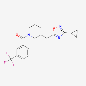 molecular formula C19H20F3N3O2 B3003130 (3-((3-Cyclopropyl-1,2,4-oxadiazol-5-yl)methyl)piperidin-1-yl)(3-(trifluoromethyl)phenyl)methanone CAS No. 1706311-59-2