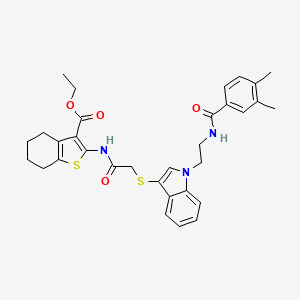molecular formula C32H35N3O4S2 B3003214 ethyl 2-(2-((1-(2-(3,4-dimethylbenzamido)ethyl)-1H-indol-3-yl)thio)acetamido)-4,5,6,7-tetrahydrobenzo[b]thiophene-3-carboxylate CAS No. 532975-09-0