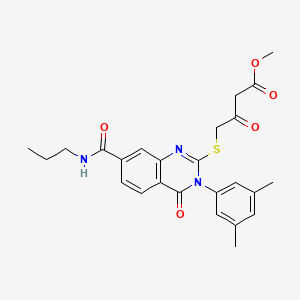 molecular formula C25H27N3O5S B3003248 4-((3-(3,5-二甲苯基)-4-氧代-7-(丙基氨基羰基)-3,4-二氢喹唑啉-2-基)硫代)-3-氧代丁酸甲酯 CAS No. 946299-86-1
