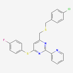 molecular formula C23H17ClFN3S2 B3003290 4-(((4-Chlorobenzyl)sulfanyl)methyl)-6-((4-fluorophenyl)sulfanyl)-2-(2-pyridinyl)pyrimidine CAS No. 338961-01-6