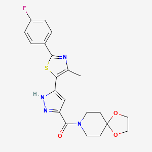 molecular formula C21H21FN4O3S B3003294 (3-(2-(4-fluorophenyl)-4-methylthiazol-5-yl)-1H-pyrazol-5-yl)(1,4-dioxa-8-azaspiro[4.5]decan-8-yl)methanone CAS No. 1296891-43-4