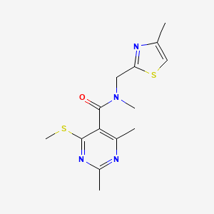 molecular formula C14H18N4OS2 B3003389 N,2,4-Trimethyl-6-methylsulfanyl-N-[(4-methyl-1,3-thiazol-2-yl)methyl]pyrimidine-5-carboxamide CAS No. 1645530-10-4
