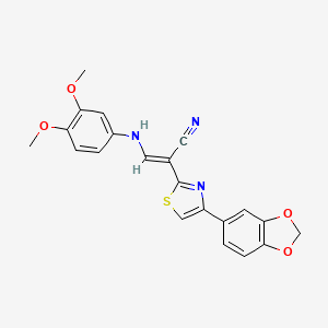 molecular formula C21H17N3O4S B3003404 (E)-2-(4-(苯并[d][1,3]二氧杂环-5-基)噻唑-2-基)-3-((3,4-二甲氧基苯基)氨基)丙烯腈 CAS No. 378207-95-5