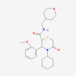 molecular formula C24H34N2O4S B3003439 4-cyclohexyl-3-(2-methoxyphenyl)-5-oxo-N-((tetrahydro-2H-pyran-4-yl)methyl)thiomorpholine-2-carboxamide CAS No. 2319788-05-9
