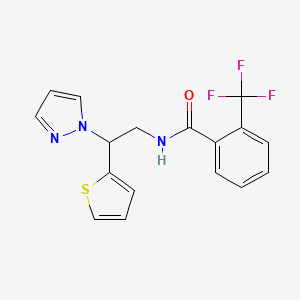 molecular formula C17H14F3N3OS B3003446 N-(2-(1H-pyrazol-1-yl)-2-(thiophen-2-yl)ethyl)-2-(trifluoromethyl)benzamide CAS No. 2034344-43-7