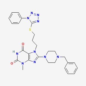 molecular formula C27H30N10O2S B3003488 8-(4-苄基哌嗪-1-基)-3-甲基-7-[3-(1-苯基四唑-5-基)硫代丙基]嘌呤-2,6-二酮 CAS No. 672942-48-2