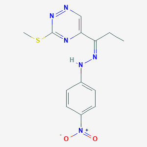 molecular formula C13H14N6O2S B300353 1-[3-(Methylsulfanyl)-1,2,4-triazin-5-yl]-1-propanone {4-nitrophenyl}hydrazone 