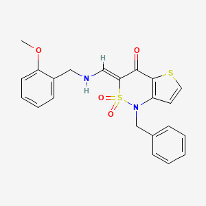 molecular formula C22H20N2O4S2 B3003687 (3Z)-1-benzyl-3-{[(2-methoxybenzyl)amino]methylene}-1H-thieno[3,2-c][1,2]thiazin-4(3H)-one 2,2-dioxide CAS No. 892286-74-7