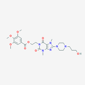 molecular formula C26H36N6O8 B300369 2-{8-[4-(3-hydroxypropyl)piperazin-1-yl]-3,7-dimethyl-2,6-dioxo-2,3,6,7-tetrahydro-1H-purin-1-yl}ethyl 3,4,5-trimethoxybenzoate 