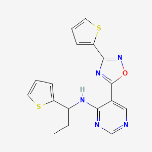 molecular formula C17H15N5OS2 B3003830 5-(3-(thiophen-2-yl)-1,2,4-oxadiazol-5-yl)-N-(1-(thiophen-2-yl)propyl)pyrimidin-4-amine CAS No. 2034387-36-3