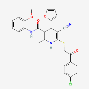 molecular formula C27H22ClN3O4S B3003939 6-((2-(4-chlorophenyl)-2-oxoethyl)thio)-5-cyano-4-(furan-2-yl)-N-(2-methoxyphenyl)-2-methyl-1,4-dihydropyridine-3-carboxamide CAS No. 406194-96-5