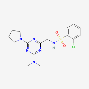 molecular formula C16H21ClN6O2S B3003964 2-chloro-N-((4-(dimethylamino)-6-(pyrrolidin-1-yl)-1,3,5-triazin-2-yl)methyl)benzenesulfonamide CAS No. 2034419-85-5