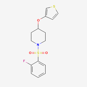 molecular formula C15H16FNO3S2 B3004129 1-((2-Fluorophenyl)sulfonyl)-4-(thiophen-3-yloxy)piperidine CAS No. 2034429-31-5