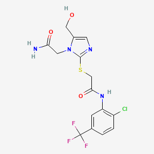 molecular formula C15H14ClF3N4O3S B3004170 2-((1-(2-amino-2-oxoethyl)-5-(hydroxymethyl)-1H-imidazol-2-yl)thio)-N-(2-chloro-5-(trifluoromethyl)phenyl)acetamide CAS No. 921846-37-9