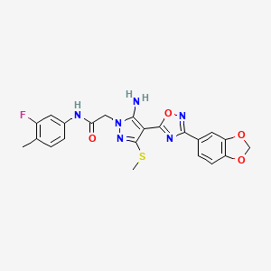 molecular formula C22H19FN6O4S B3004229 2-(5-amino-4-(3-(benzo[d][1,3]dioxol-5-yl)-1,2,4-oxadiazol-5-yl)-3-(methylthio)-1H-pyrazol-1-yl)-N-(3-fluoro-4-methylphenyl)acetamide CAS No. 1019098-22-6