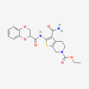 molecular formula C20H21N3O6S B3004262 3-氨基甲酰基-2-(2,3-二氢苯并[b][1,4]二氧杂环-2-甲酰胺基)-4,5-二氢噻吩并[2,3-c]吡啶-6(7H)-甲酸乙酯 CAS No. 864925-97-3