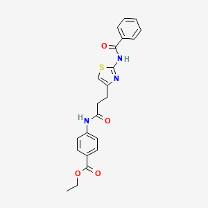 molecular formula C22H21N3O4S B3004271 Ethyl 4-(3-(2-benzamidothiazol-4-yl)propanamido)benzoate CAS No. 1021229-63-9