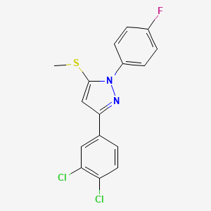 molecular formula C16H11Cl2FN2S B3004357 3-(3,4-dichlorophenyl)-1-(4-fluorophenyl)-5-(methylsulfanyl)-1H-pyrazole CAS No. 956796-23-9