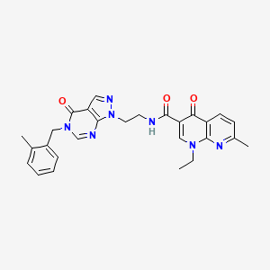 molecular formula C27H27N7O3 B3004365 1-ethyl-7-methyl-N-(2-(5-(2-methylbenzyl)-4-oxo-4,5-dihydro-1H-pyrazolo[3,4-d]pyrimidin-1-yl)ethyl)-4-oxo-1,4-dihydro-1,8-naphthyridine-3-carboxamide CAS No. 1207030-51-0