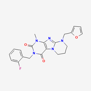 molecular formula C21H20FN5O3 B3004389 3-[(2-fluorophenyl)methyl]-9-(furan-2-ylmethyl)-1-methyl-7,8-dihydro-6H-purino[7,8-a]pyrimidine-2,4-dione CAS No. 876151-02-9
