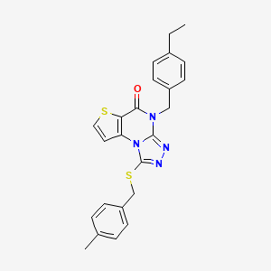 molecular formula C24H22N4OS2 B3004412 4-(4-ethylbenzyl)-1-((4-methylbenzyl)thio)thieno[2,3-e][1,2,4]triazolo[4,3-a]pyrimidin-5(4H)-one CAS No. 1223925-06-1