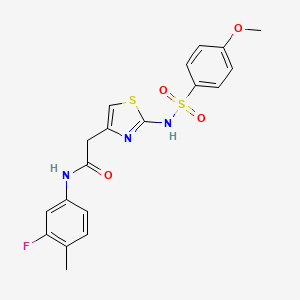 molecular formula C19H18FN3O4S2 B3004415 N-(3-fluoro-4-methylphenyl)-2-(2-(4-methoxyphenylsulfonamido)thiazol-4-yl)acetamide CAS No. 922000-90-6