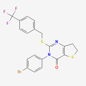 molecular formula C20H14BrF3N2OS2 B3004476 3-(4-Bromophenyl)-2-[[4-(trifluoromethyl)phenyl]methylsulfanyl]-6,7-dihydrothieno[3,2-d]pyrimidin-4-one CAS No. 687567-14-2