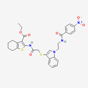 molecular formula C30H30N4O6S2 B3004585 Ethyl 2-[[2-[1-[2-[(4-nitrobenzoyl)amino]ethyl]indol-3-yl]sulfanylacetyl]amino]-4,5,6,7-tetrahydro-1-benzothiophene-3-carboxylate CAS No. 532973-79-8