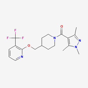 molecular formula C19H23F3N4O2 B3004594 [4-[[3-(Trifluoromethyl)pyridin-2-yl]oxymethyl]piperidin-1-yl]-(1,3,5-trimethylpyrazol-4-yl)methanone CAS No. 2380044-38-0