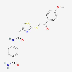 molecular formula C21H19N3O4S2 B3004602 4-(2-(2-((2-(4-Methoxyphenyl)-2-oxoethyl)thio)thiazol-4-yl)acetamido)benzamide CAS No. 1020980-23-7